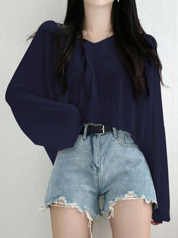 DAZY Women's Loose V-Neck Short Solid Color T-Shirt, Spring/Summer Preppy Tops Long Sleeve Women Tops