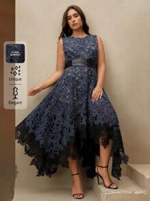 Anewsta Vestido elegante y romántico de talla grande con cinturón de cintura con parches de encaje floral perforado, recorte asimétrico con volantes - Azul Marino - Ver 1