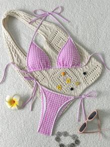 Swim Vcay Springbreak 女士夏季新款纹理纯色磨边露背吊带三角比基尼套装，海滩度假 - 粉色 - 查看 1