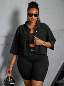 SHEIN SXY Plus Size Women's Non-Stretch Denim Short Jacket Outerwear