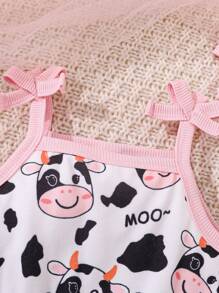 2 件套女婴蝴蝶结装饰奶牛印花连体裤 + 配套头带，休闲可爱动物印花开叉裤腿松紧腰装，夏季