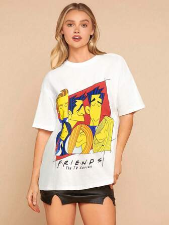 FRIENDS X SHEIN EDUVISMO ART Camiseta de manga corta con cuello redondo y estampado minimalista, talla grande, para verano
