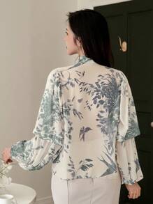 DAZY 女士优雅花卉泡泡袖灯笼袖领结衬衫，春季、秋季女装长袖上衣