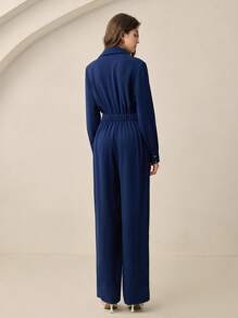 BizChic Traje de una pieza de manga larga con estilo de ropa de trabajo independiente americana retro de los 90, adecuado para invitados de boda, festivales de música country, brunch, aeropuerto, resorts playeros y negocios casuales, nueva colección verano 2025 para mujeres - Azul Marino - Ver 3