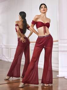 Menodora SHEIN Sport 女士简约纯色前扭短袖运动文胸 - 酒紅色 - 查看 7