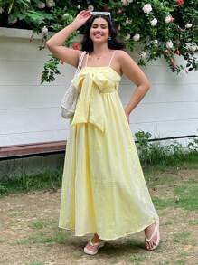 SHEIN EZwear Plus Size Women Plaid Bowknot Decor Spaghetti Strap Dress, Summer Vacation Wear - Yellow - View 3