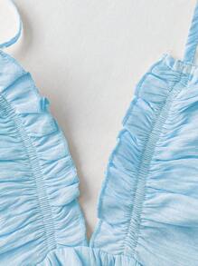 Sunnyshic Vestido de verano, nuevo vestido de vacaciones elegante y sexy para la playa, de tela texturizada con cuello en V profundo, con volantes y tirantes de espagueti, cintura ajustada adelgazante