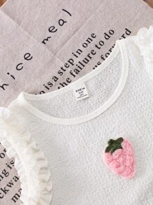 2pcs Set For Tween Girls Cute Strawberry Embroidery Element Ruffle Hem Tank Top And Pink Shorts, Vivid And Youthful, Textured Fabric, Suitable For Daily Outings Or Beach Wear, Spring/Summer Summer Holiday - Baby Pink - View 5