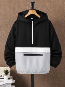 SHEIN Tween Boy Casual Sports Street Fashion Hooded Jacket, Loose Fit Color Block Zip-Up Windbreaker, Suitable For Commuting, School, Daily Leisure, Sports Activities, Autumn/Winter Season, Windbreaker Jacket Boys Hoodies For Teens Boys Hoodie With Pockets ,Teen Hoodie Boys Fall - Black - View 2