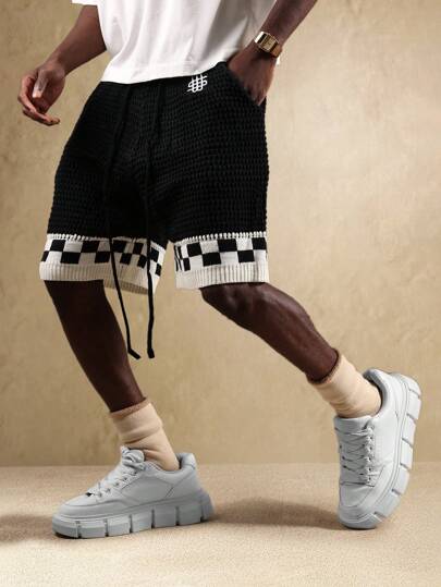 SUMWON 针织篮球短裤棋盘格图案复古时尚街头潮流夏季节日抽绳短裤