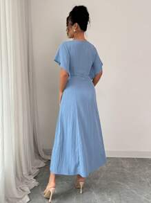 Elenzga Abito elegante e casual da donna con scollo a V, linea A, lunghezza media, decorazione con bottoni, maniche a sbuffo, adatto per festa del tè, vacanze, pendolarismo, primavera e estate - Blu - Visualizzare 2