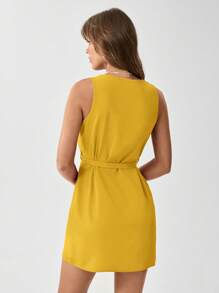 SHEIN LUNE Đầm Thắt lưng màu trơn Giải trí - Màu Mù tạt vàng - Xem 2
