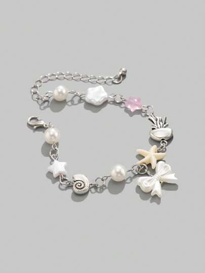 Fairycore Fashionable Ocean-Inspired Minimalist Seashell/Starfish/Bow Knot/Star Faux Pearl Beaded Bracelet