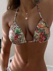 SHEIN Swim 2 件女式豹纹领带性感吊带比基尼上衣夏季沙滩泳装，随机印花设计 - 彩色 - 查看 3