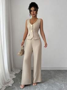 Elenzga Conjunto de 2 piezas de chaleco y pantalones de unicolor elegante para uso diario en verano