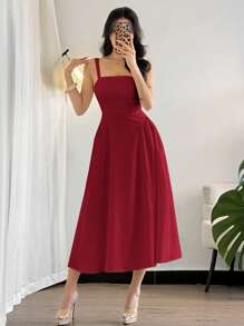 Firerie Váy dài vừa phải dáng chữ A, mùa hè, vải voan xếp nếp màu vàng, họa tiết chấm bi, đơn giản, thanh lịch cho nữ đi biển - Màu Đỏ Sâu - Xem 6