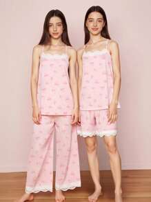 3 pièces/set Top de débardeur et short ou pantalon imprimé papillon minimaliste pour fille ado, ensemble de pyjama casual - Rose bonbon - Voir 1