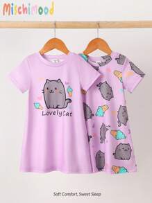 2 قطعة من فساتين المنزل الطويلة ذات الأكمام القصيرة للبنات الصغيرات، من قماش ناعم ومريح، بتصميم كرتوني بطبعة فيل، للصيف