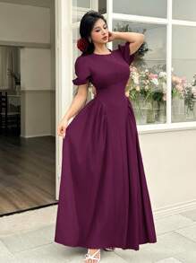 Modelyn Women's Long Princess Style Pleated Hem Romantic Dress, Elegant Design For Spring/Summer