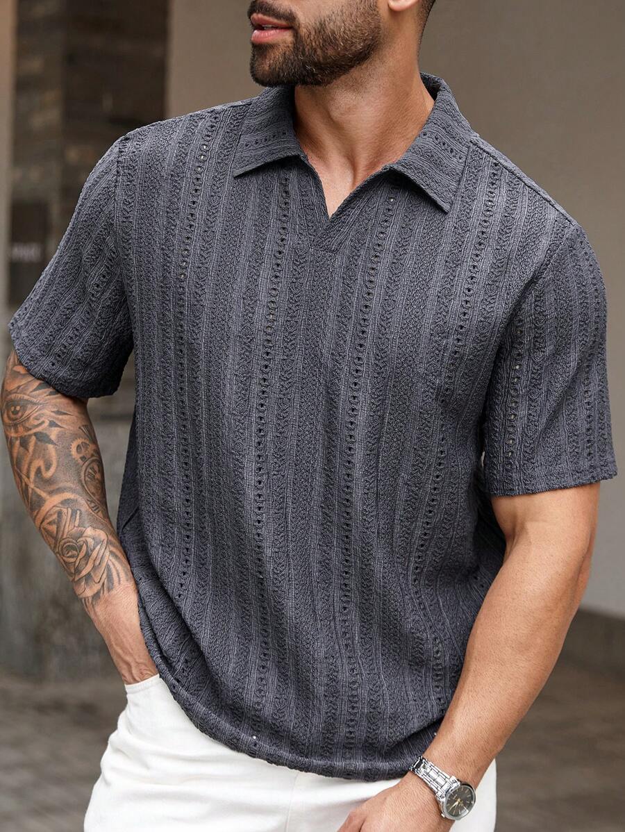 Manfinity CasualCool Áo len dệt kim cổ bẻ tay ngắn thường ngày cỡ lớn cho nam - Màu xanh lam - Xem 1