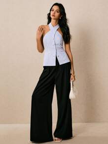 Poéselle Women Striped Single-Breasted Halter Neck Tank Top For Summer - Blue and White - View 1