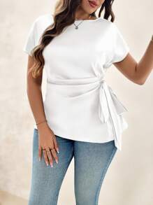 SHEIN Clasi 大码女式夏季纯色圆领蝙蝠袖侧结衬衫 - 白色 - 查看 4