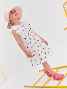 SHEIN Young Girl Casual Minimalist Comfortable Round Neck Ruffle Trim Cherry Print Dress - White - View 5