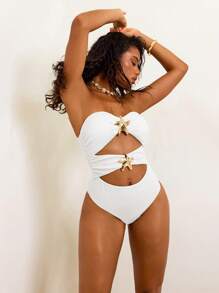 Opulessa 1 件女式海星装饰露背镂空性感连体泳衣 - 白色 - 查看 4