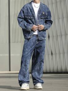 Manfinity EMRG 大码男士水洗牛仔夹克和牛仔裤套装，秋季服装 - 深色水洗藍 - 查看 6