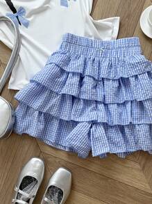 Sunnyshic Plus Size Plaid Bow Print Set, Cute Wrinkle Shorts