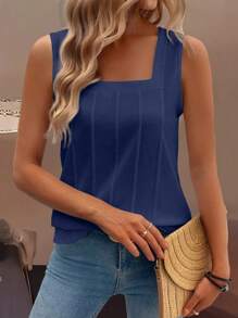 SHEIN LUNE 夏季新款无袖宽肩带方领宽松女士背心 - 藏蓝色 - 查看 7