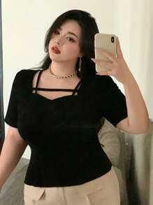 Dazy Plus Solid Color Short Sleeve Asymmetrical Collar Black T-Shirt, Summer