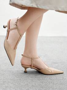 CUCCOO BIZCHIC Women's Fashion Pointed Toe Chain Decor Open Back Kitten Heel Pumps