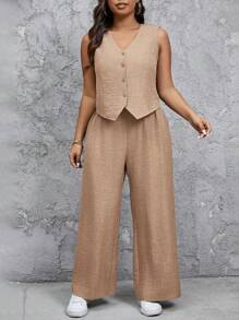 SHEIN Tall CURVE Conjunto de 2 piezas talla grande: Pantalones largos de estilo chaleco informal - Albaricoque - Ver 5