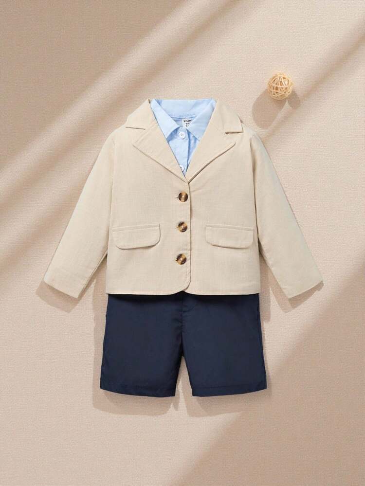 Baby Boy 3-Piece Elegant Vintage Schoolboy Suit Set With Suit Blazer , Turn Down Collar Long Sleeve Shirt And Shorts ,Spring And Summer Outings