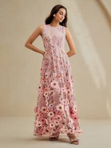 Anewsta 优雅女士短袖圆领网眼花卉刺绣长裙 - 粉色 - 查看 7