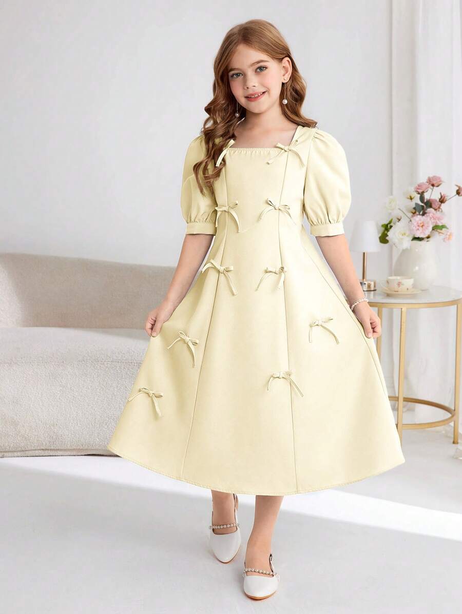 青少年女孩优雅简约精致甜美日常方领泡泡袖蝴蝶结 A 字连衣裙 - 米色 - 查看 1