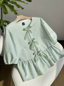 Comfortcana 大码薄荷绿和白色格子短袖休闲衬衫 - 薄荷綠 - 查看 7