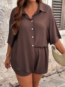 SHEIN Tall CURVE Summer 2pcs Set - Loose Solid Color Lapel Short Sleeve Shirt Top With Drawstring Shorts, Plus Size Summer Women Clothes Two Pieces Summer Outfits Tall Women Clothes Summer Women Clothes