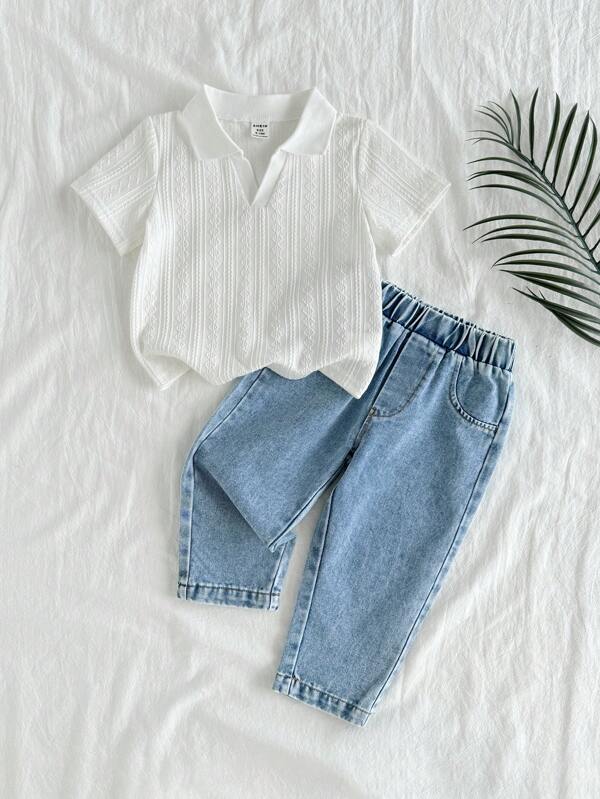 SHEIN Vintaside Kids Baby Boy Summer Versatile Casual Lapel Short Sleeve Simple Top Paired With Fashionable Washed Denim Pants Set, Suitable For Daily Wear, Family Camping, Dining Or Shopping