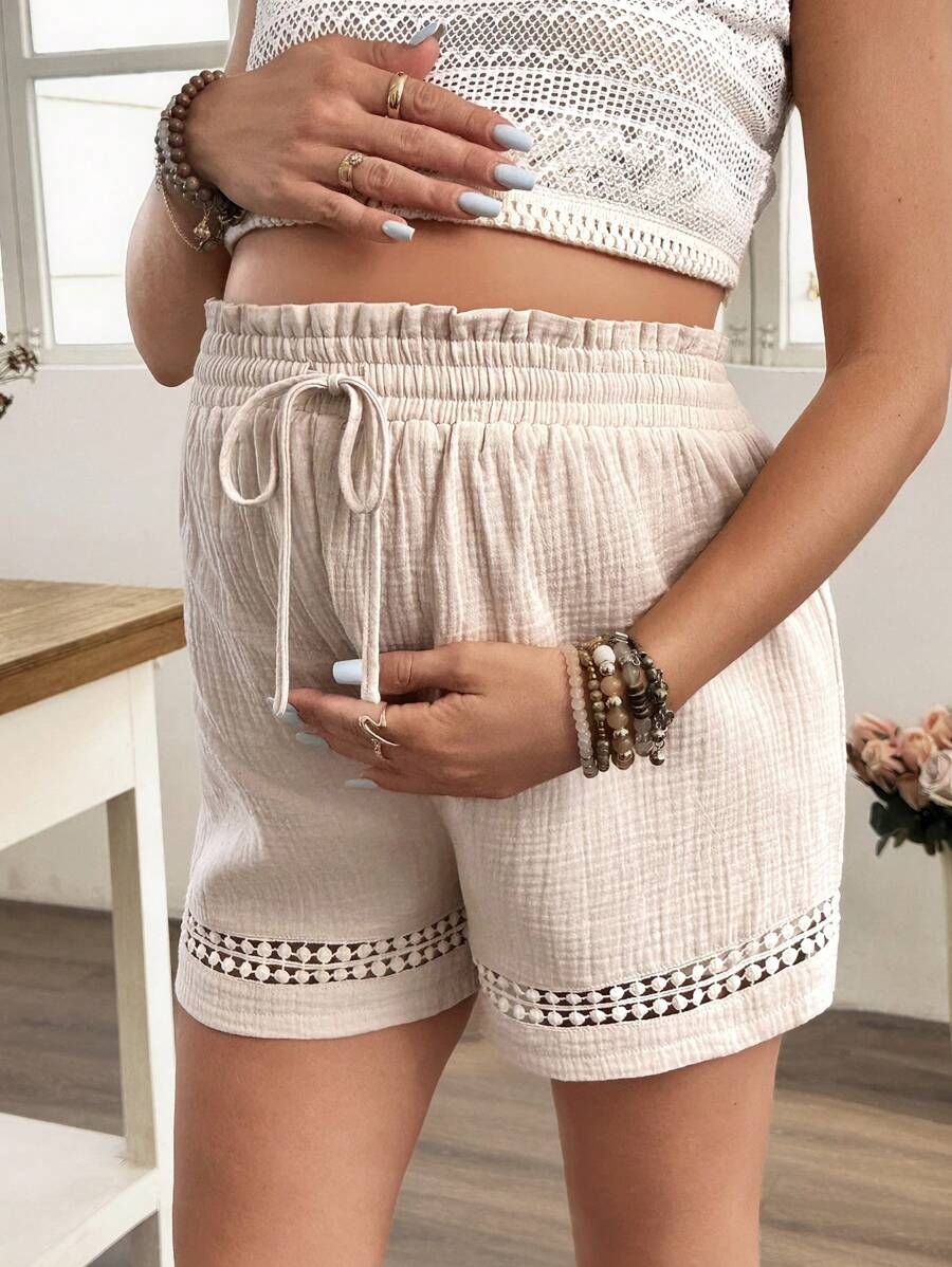 SHEIN Pregnant Women Hollow Out Fashionable Vacation Style Drawstring Cropped Top - Apricot - View 1