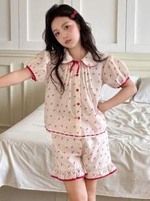 DAZY Conjunto de ropa de casa para niña preadolescente con camisa de cuello con estampado floral diminuto + pantalones cortos para otoño, ropa de regreso a la escuela