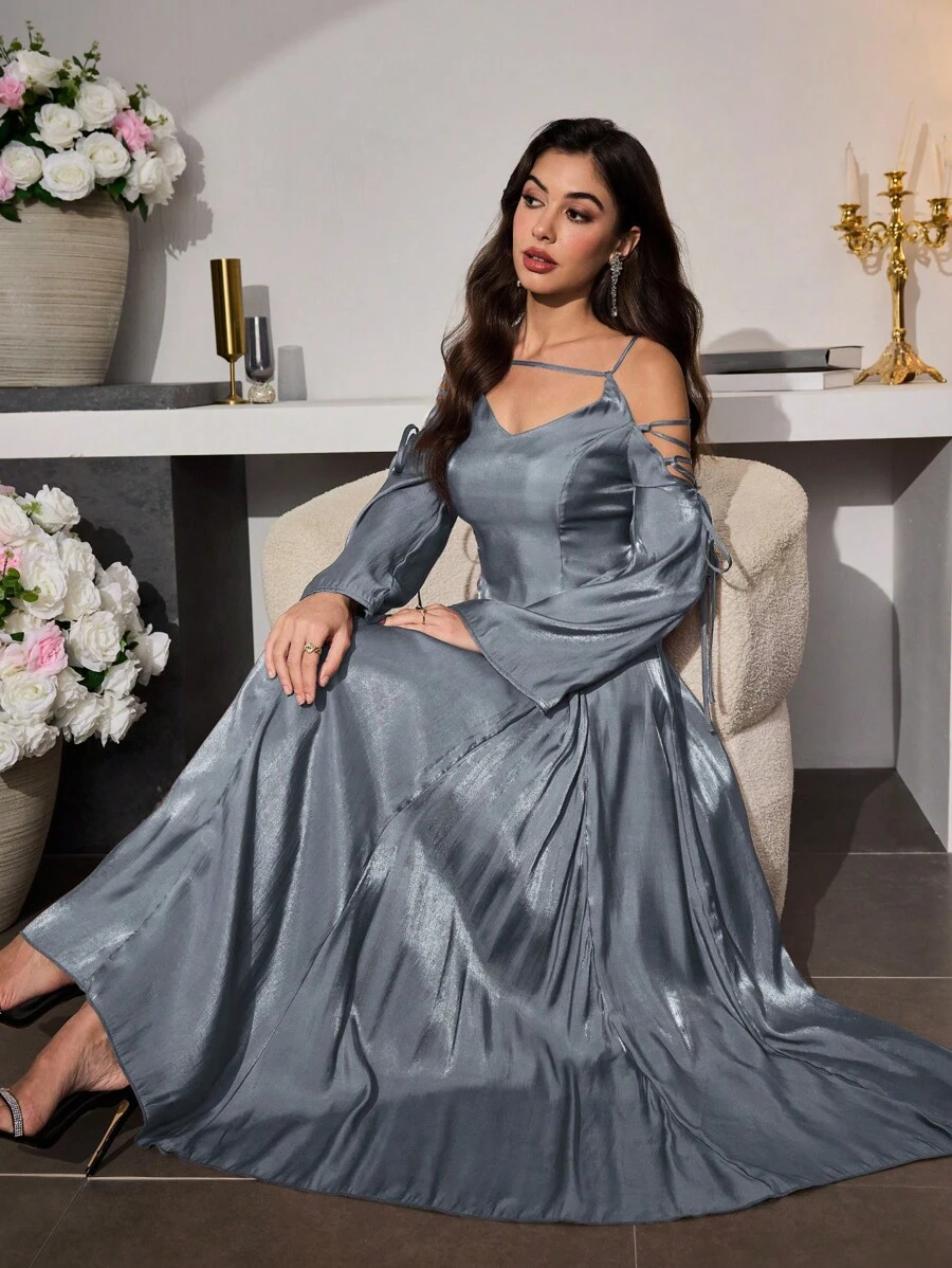 Modelyn 女式优雅长款闪亮丝带系带飘逸连衣裙 - 灰藍色 - 查看 1