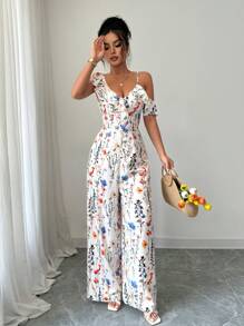 INAWLY Women's Elegant Asymmetrical Ruffle Collar Vacation Wide Leg Printed Jumpsuit