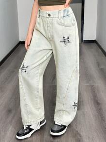 SHEIN Blugi largi, model vintage, brodați cu stea americană, pentru fete preadolescente - Spălare ușoară - Vizualizare 5