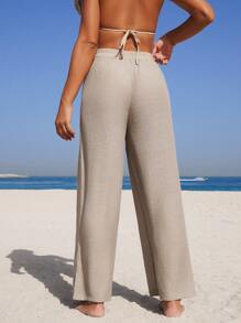 Swim Vcay Women's Solid Color Elastic Waist Loose Cover Up & Pants Set For Vacation For Summer - Khaki - View 2