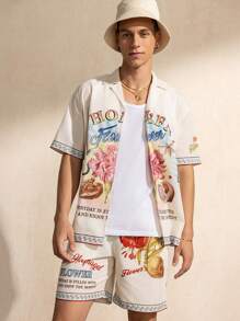 SHEIN Touch of Art Men's Summer Casual Vacation Artistic Tactile Painting & Letter Graphic Lapel Collar Short Sleeve Shirt - Apricot - View 4