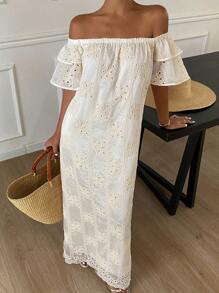 Livesso 女士优雅提花面料露肩荷叶边袖连衣裙，适合秋季度假 - 米色 - 查看 5