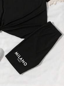 少女休闲简约经典“MILANO ITALY”图案印花短袖圆领两件套，适合夏季