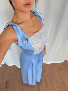 SHEIN Unity 女式优雅纯色串珠连体衣，夏季 - 藍色 - 查看 6